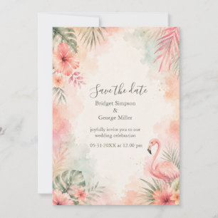 Invitation Mariage Tropical Floral Vintage Flamant Rose