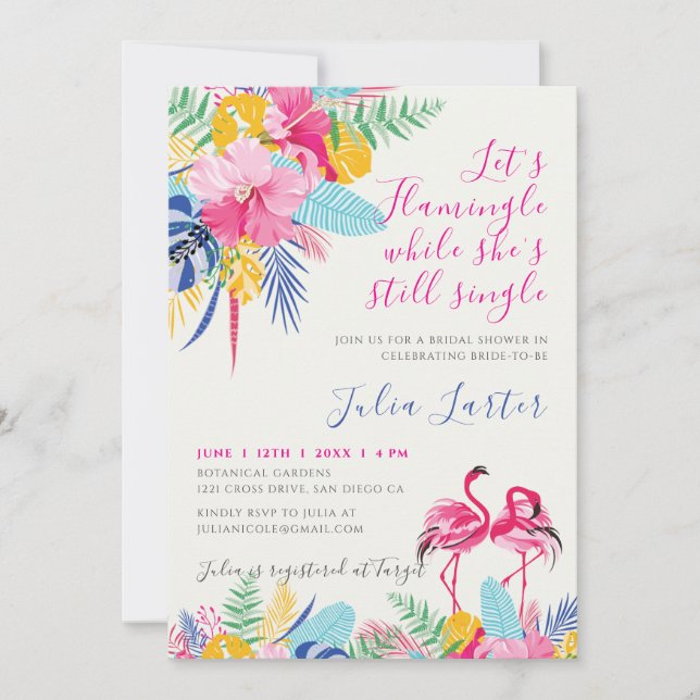 Invitation Mariage Tropical Forestier Rose Bleu Marine Fête d (Devant)