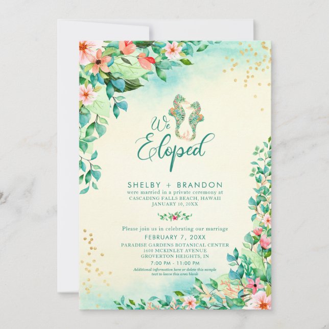 Invitation Mariage Tropical Fuite Réception Florale Hippocamp (Devant)