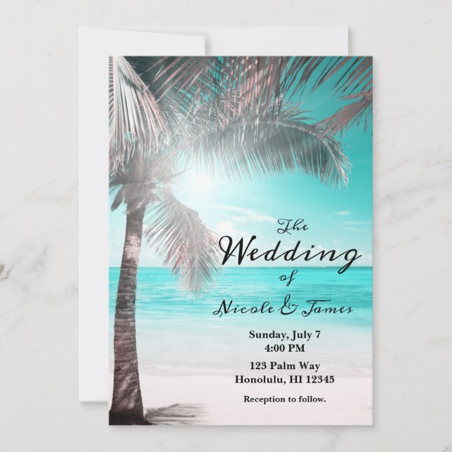 Invitation Mariage Tropical Glam Rose Bleu Aqua Palmier Plage (Devant)