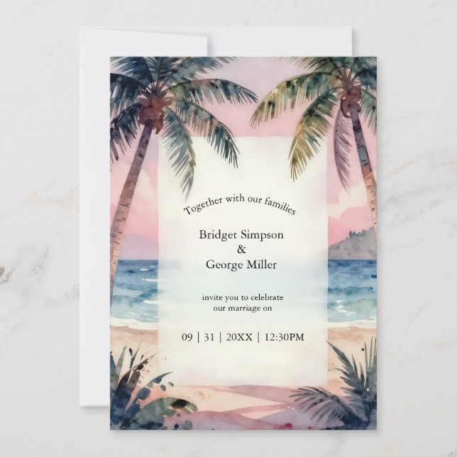 Invitation Mariage tropical Hawaï Plage Palmiers Coucher de s (Devant)