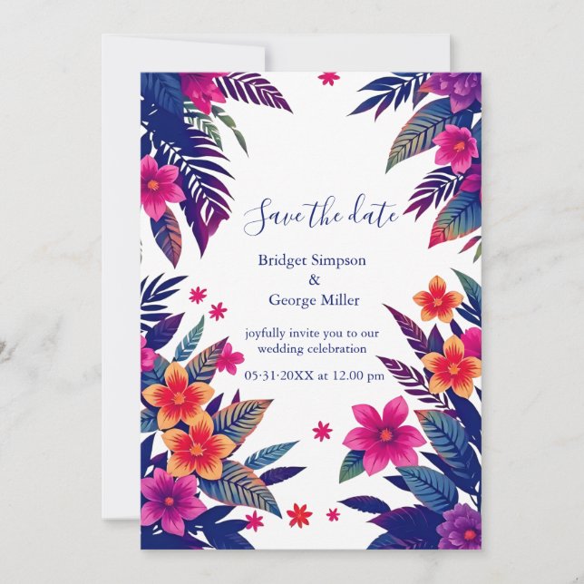Invitation Mariage Tropical Hawaïen Floral Rose Navy (Devant)