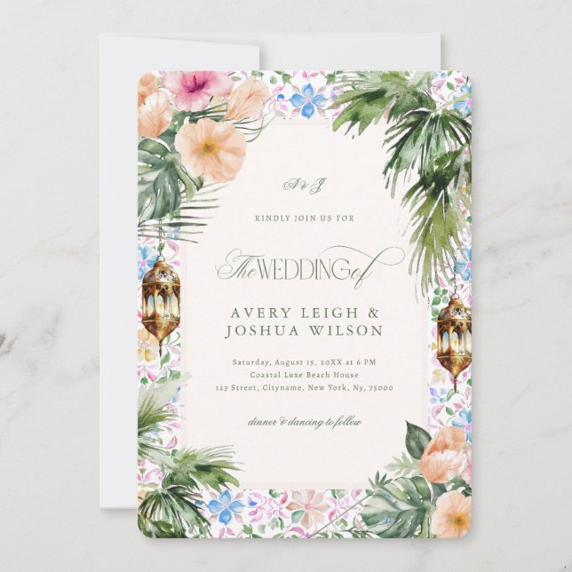 Invitation Mariage Tropical Hibiscus Carreau Marocain (Devant)
