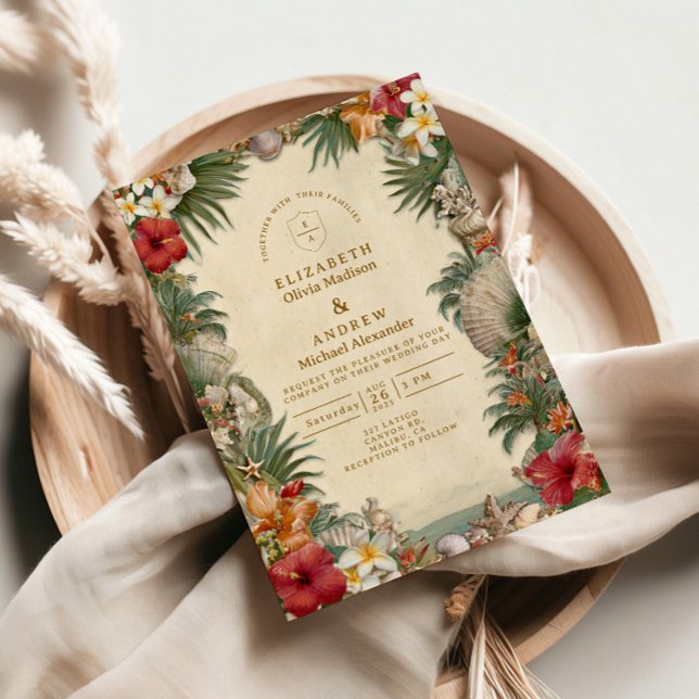 Invitation Mariage Tropical Hibiscus Coquillage (Créateur téléchargé)