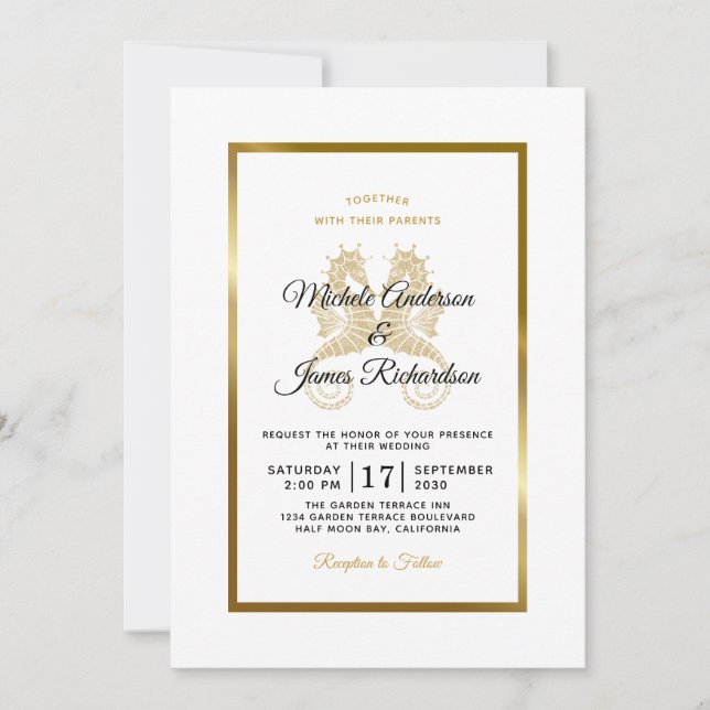 Invitation Mariage Tropical Hippocampes en Or Élégants (Devant)