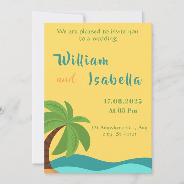 Invitation Mariage tropical, Jaune de plage, palmier (Devant)