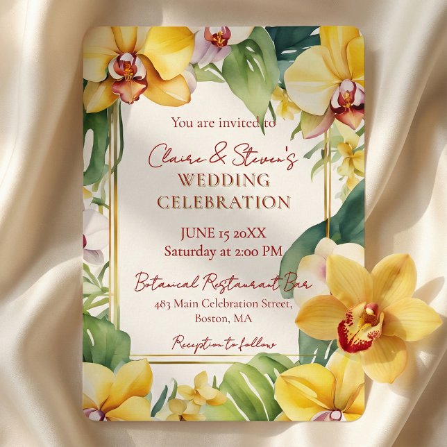 Invitation Mariage Tropical Jaune Orchidée et Feuillage Doré (Créateur téléchargé)