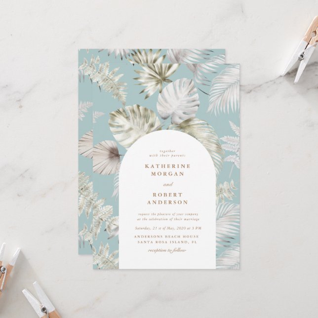 Invitation Mariage Tropical Luxueux Feuillage Argenté (Devant/Arrière en situation)