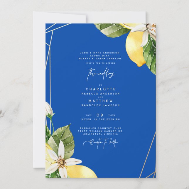 Invitation Mariage Tropical Méditerranéen au Cobalt Coloré (Devant)