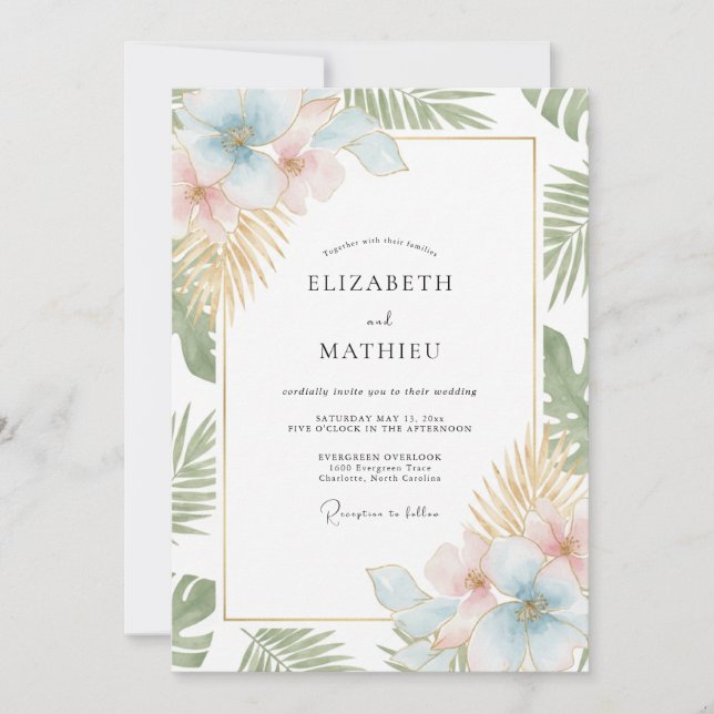 Invitation Mariage Tropical Menthe Champagne Eucalyptus (Devant)