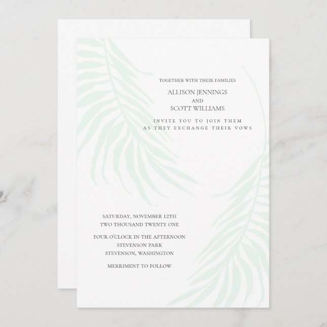 Invitation Mariage tropical minimal vert et blanc chic (Devant / Derrière)