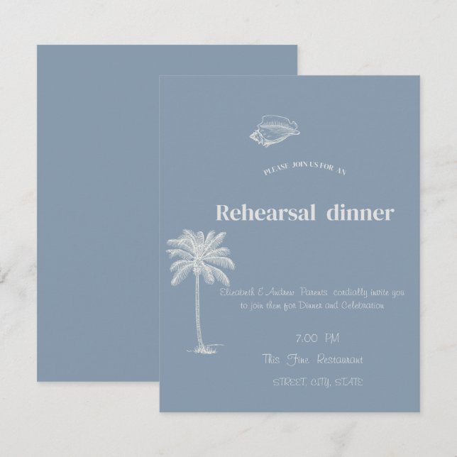Invitation Mariage tropical minimaliste Dusty Blue (Devant / Derrière)