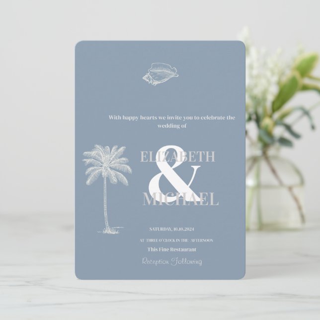 Invitation Mariage tropical minimaliste Dusty Blue (Debout devant)