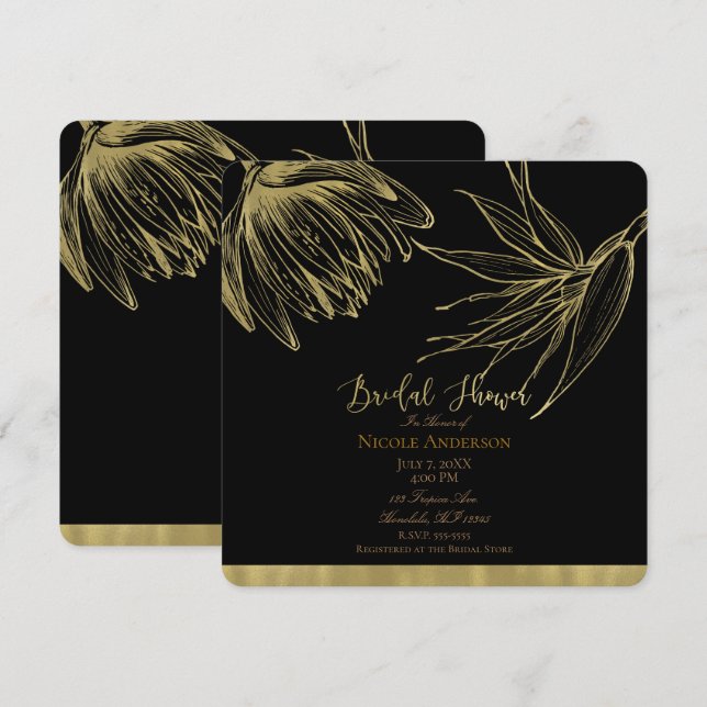 Invitation Mariage Tropical Moderne Luxueux Or et Noir (Devant / Derrière)