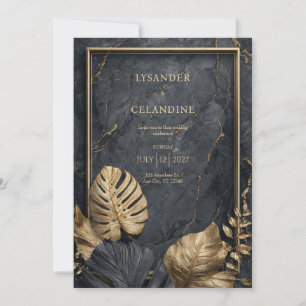 Invitation Mariage Tropical Moderne Monstera Or Marbre Noir