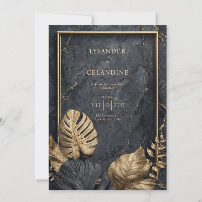 Invitation Mariage Tropical Moderne Monstera Or Marbre Noir (Devant)