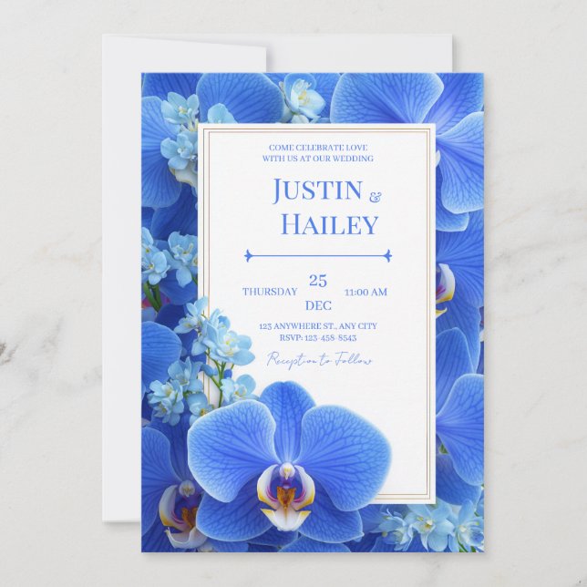 Invitation Mariage Tropical Moderne Orchidée Bleu Royal (Devant)