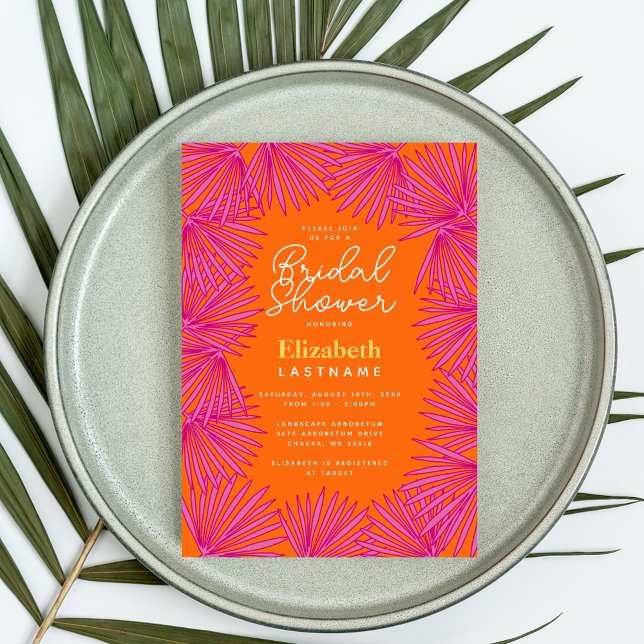 Invitation Mariage Tropical Moderne Rose Orange Palmiers (Créateur téléchargé)