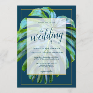 Invitation Mariage Tropical Monstera Leaf Dark Blue Gold