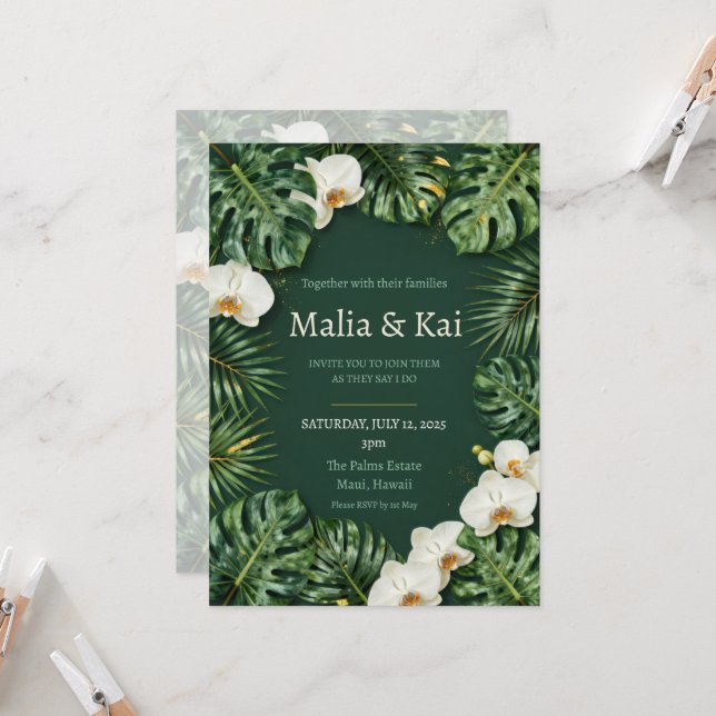 Invitation Mariage Tropical Monstera Orchidée Blanche Vert Fo (Devant/Arrière en situation)