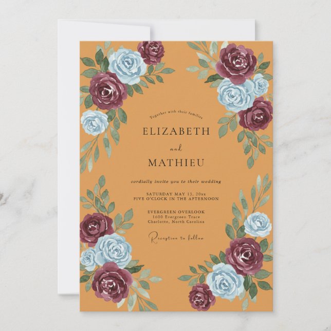 Invitation Mariage Tropical Moutarde Prune Peint (Devant)