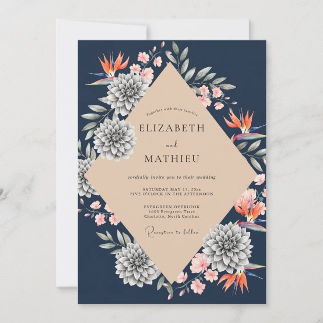 Invitation Mariage Tropical Navy Protéa Eucalyptus (Devant)
