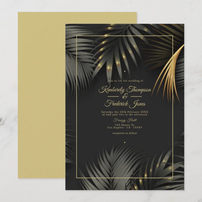 Invitation Mariage Tropical Noir et Or (Devant / Derrière)