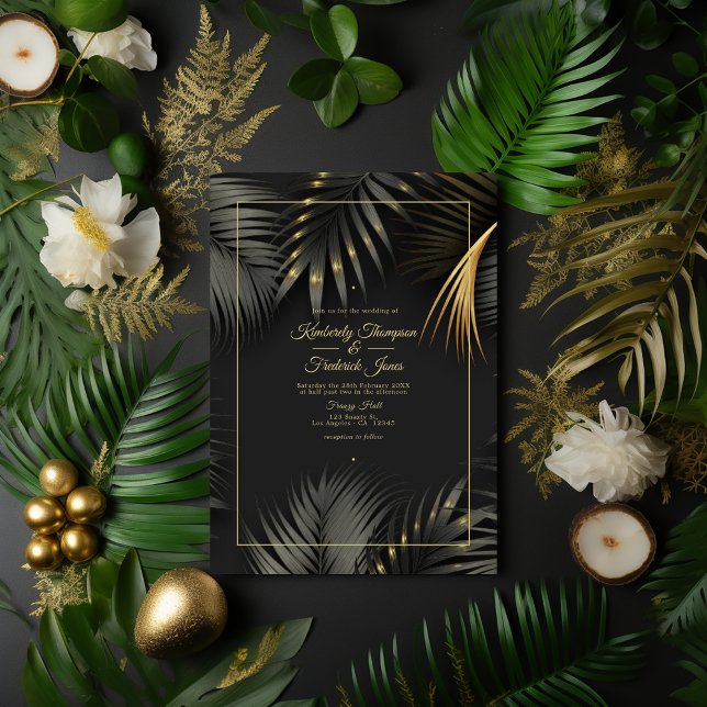 Invitation Mariage Tropical Noir et Or (Black and Gold Tropical Wedding)