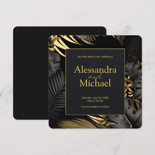 Invitation Mariage Tropical Noir Moderne Sauvez Les Dates (Devant / Derrière)