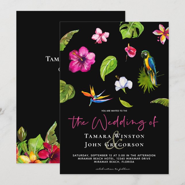 Invitation Mariage Tropical Noir Rose Floral Verdure Plage (Devant / Derrière)