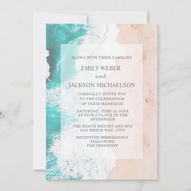 Invitation Mariage Tropical Océan Sarcelle Blanc Marron (Devant)