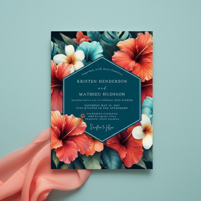 Invitation Mariage Tropical Opulent Floral Corail (Créateur téléchargé)