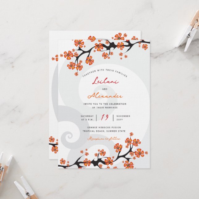 Invitation Mariage Tropical Orange Hibiscus Fusion Tourbillon (Devant/Arrière en situation)