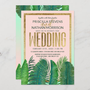 Invitation Mariage Tropical Palm Tree Banana Leaf Gold