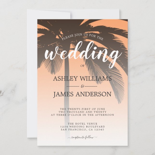 Invitation Mariage Tropical Palm Tree Orange Beach (Devant)