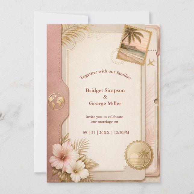 Invitation Mariage Tropical Passeport en Rose Doré (Devant)