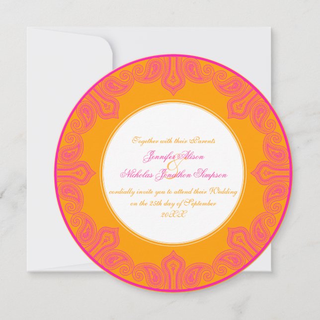 Invitation Mariage Tropical Pink et Orange Paisley Mandala (Devant)