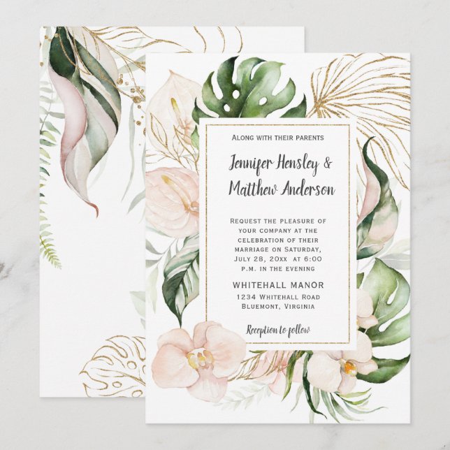Invitation Mariage Tropical Pink Floral Gold Frame (Devant / Derrière)