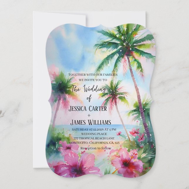 Invitation Mariage Tropical Plage Hawaïen Hibiscus (Devant)