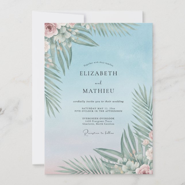 Invitation Mariage Tropical Poudre Eucalyptus Palmier (Devant)
