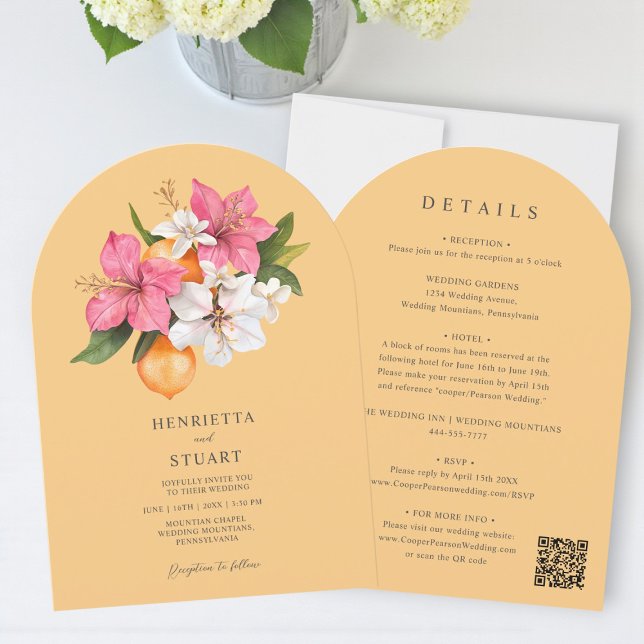 Invitation mariage tropical rose citron tout en un (Créateur téléchargé)