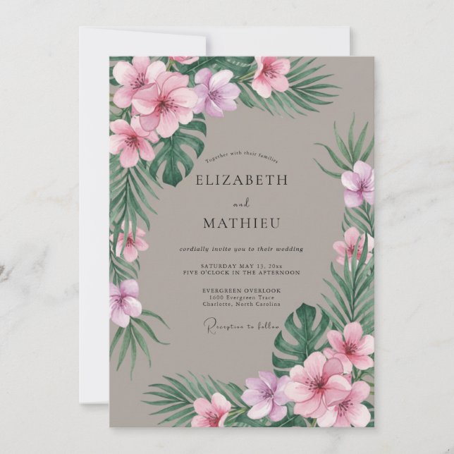 Invitation Mariage Tropical Rose Pâle Eucalyptus (Devant)