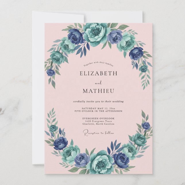 Invitation Mariage Tropical Rose Turquoise Pétales (Devant)