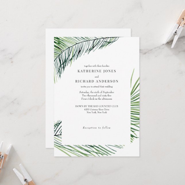 Invitation Mariage Tropical Simplement Élégant avec Palmiers  (Devant/Arrière en situation)