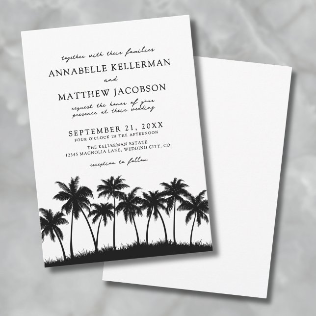 Invitation Mariage Tropical sous les Palmiers (Modern Black White Palm Tree Tropical Wedding Invitation)