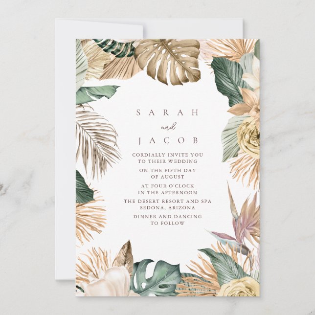 Invitation Mariage Tropical sur la Plage de Vert et d'Or (Devant)
