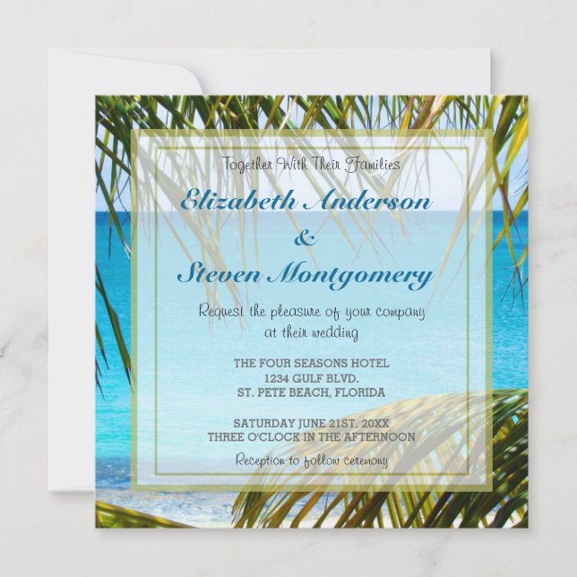 Invitation Mariage tropical sur la plage encadré de feuilles  (Devant)