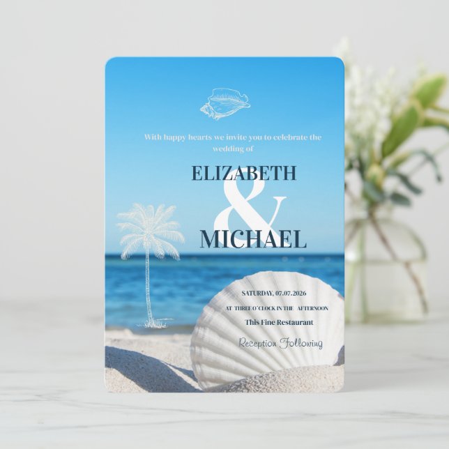 Invitation Mariage Tropical sur une Plage Océane (Debout devant)