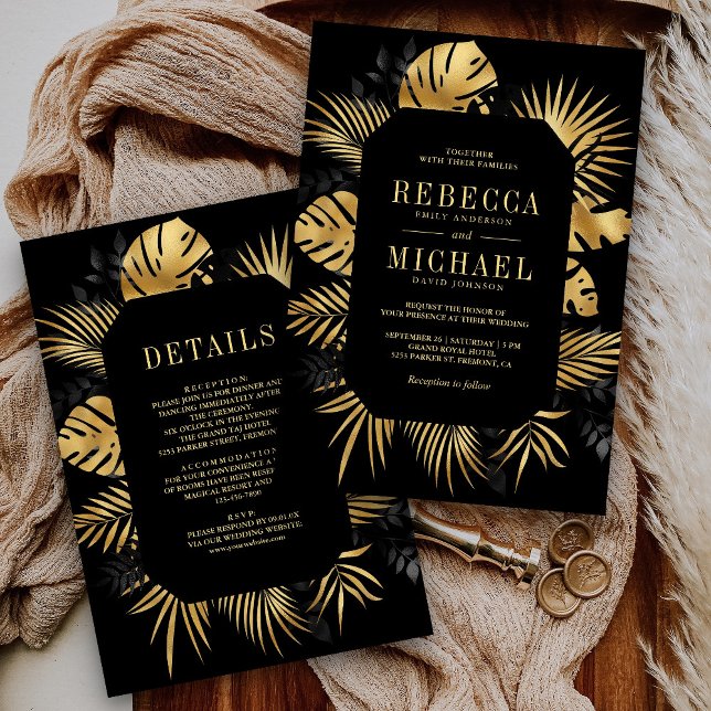 Invitation Mariage tropical tout-en-un noir et or (Créateur téléchargé)