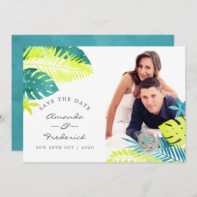 Invitation Mariage tropical turquoise et citron Enregistrer l (Devant / Derrière)